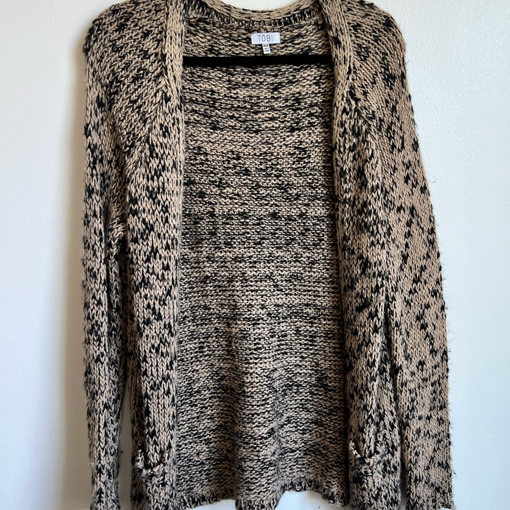 Women's Oversized Brown and Tan Kitted Cardigan with Pockets Size M